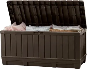 Keter Kentwood 92 Gallon Resin Deck Box-Organization and Storage for Patio Storage Box Outdoor Cushions, Throw Pillows, Garden Tools and Pool Floats, Brown