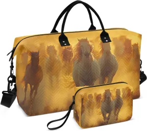 Kigai Running Herds Of Horses Travel Duffel Bags 2PCS,Sports Duffel Bags for Men Women,Weekender Overnight Bag Gym Tote Bag with Toiletry Bag