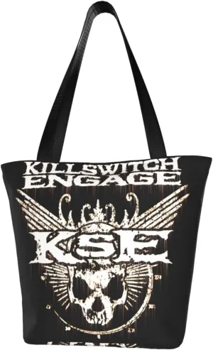 Killswitch Rock Band Engage Reusable Grocery Bag for Kitchen Shoulder Shopping Bag Tote Bags with Zipper for Women Large Capacity Handbag for Sports Beautiful Daily Bag Storage Bags
