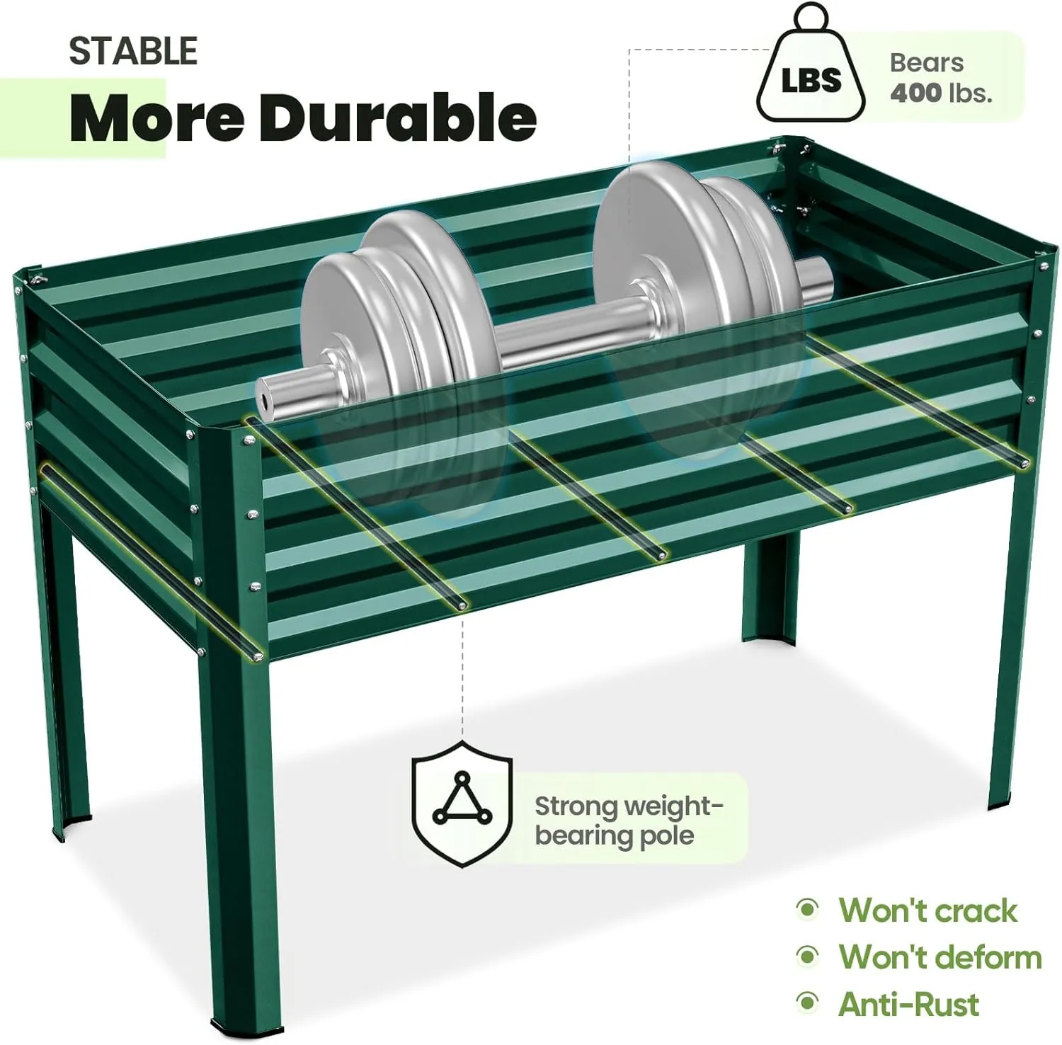 KING BIRD Large Raised Garden Bed with Legs Galvanized Elevated Planter Box 48×24×30 in for Backyard, Patio, Balcony, 400lb Capacity, Green