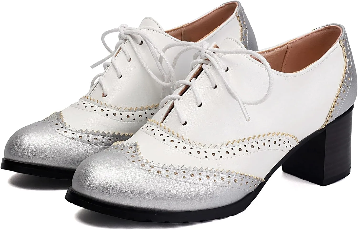 KOKOMOMO Women's Perforated Lace-Up Brogues Chunky Block Heels Wingtip Oxfords Two Tone Saddle British Vintage Derby Shoes
