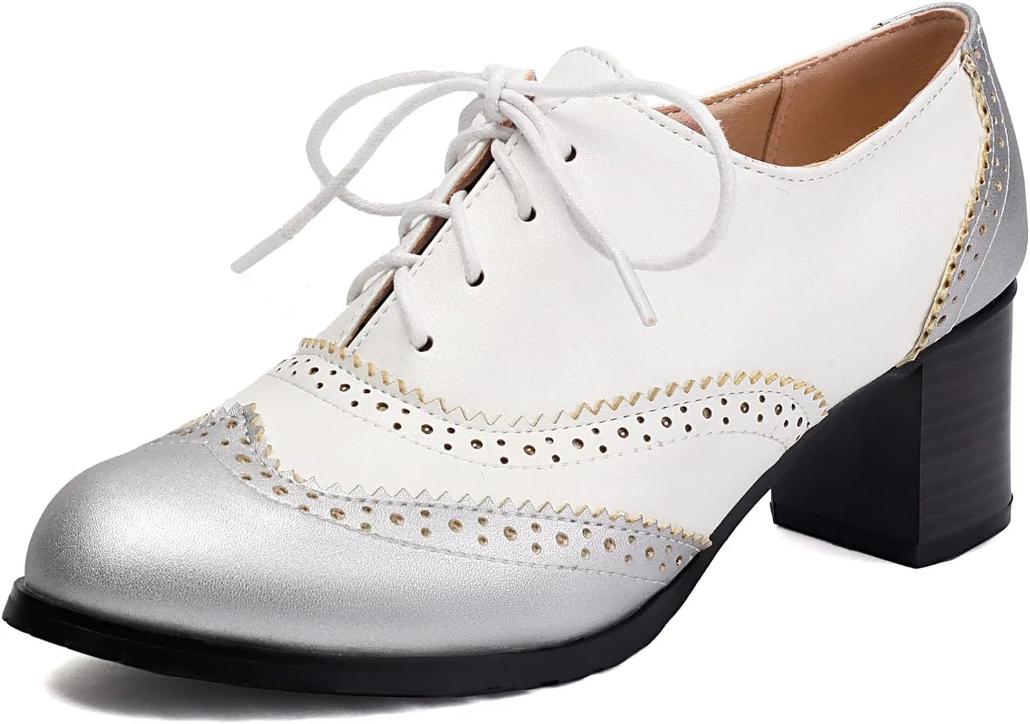 KOKOMOMO Women's Perforated Lace-Up Brogues Chunky Block Heels Wingtip Oxfords Two Tone Saddle British Vintage Derby Shoes