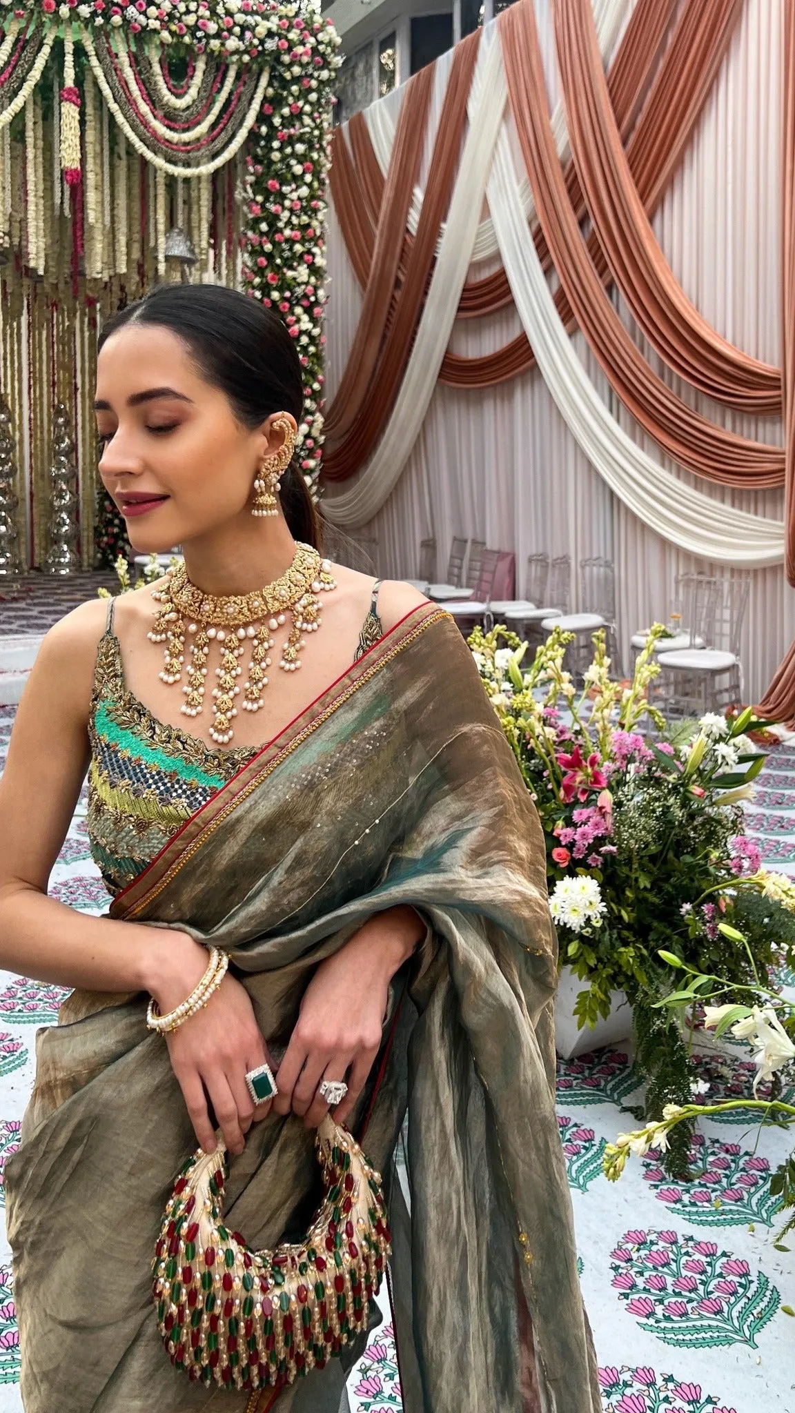 Komal Kapoor in our Red Green Multi Nano Boat Bag