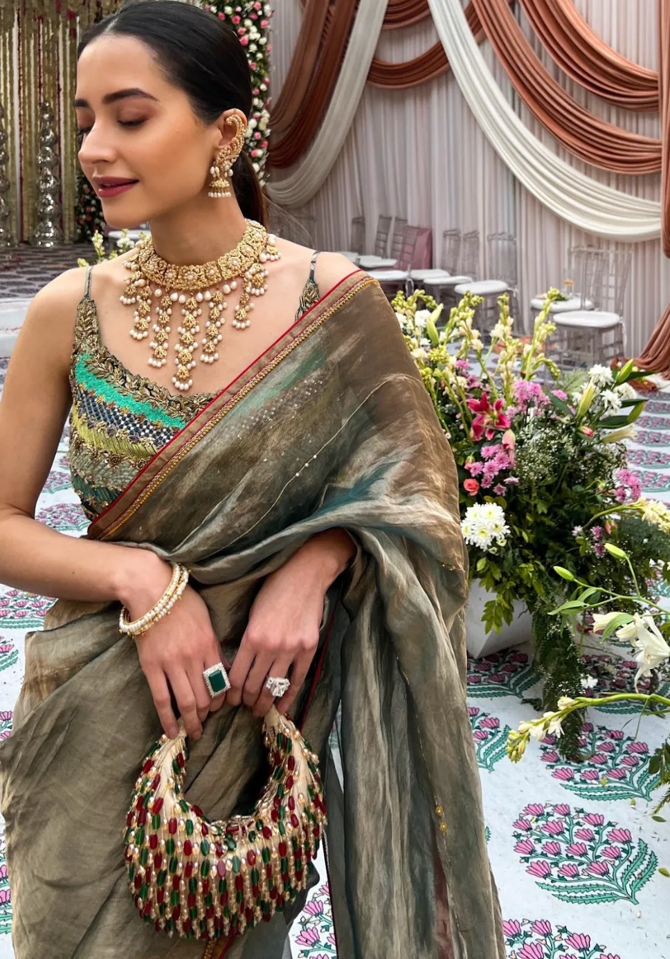 Komal Kapoor in our Red Green Multi Nano Boat Bag