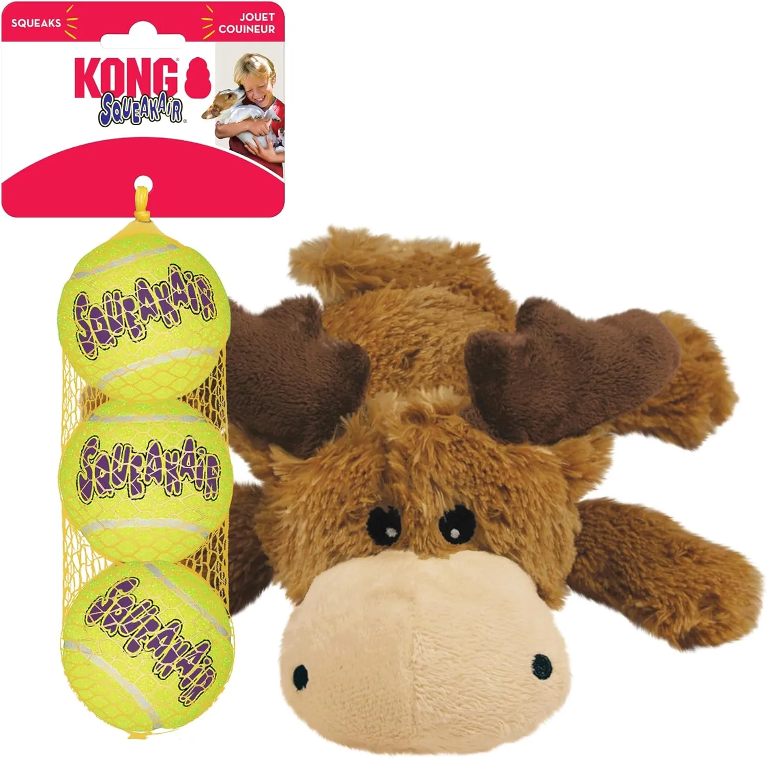 KONG Cozie Marvin Moose & SqueakAir Balls (3 Pack) - Dog Fetch & Chew Toys for Fun - Soft Toy Moose for Indoor Play - Durable Dog Toy Balls for Outdoor Play - for Medium Dogs