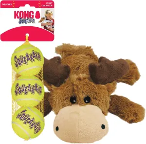 KONG Cozie Marvin Moose & SqueakAir Balls (3 Pack) - Dog Fetch & Chew Toys for Fun - Soft Toy Moose for Indoor Play - Durable Dog Toy Balls for Outdoor Play - for Medium Dogs