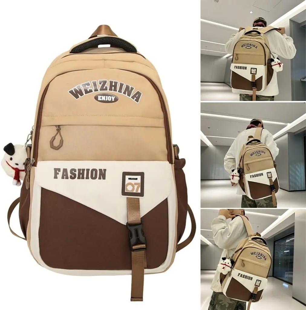 Korean Contrast Color Backpack Large Capacity Multi Pocket Schoolbag Adjustable Strap Water Resistant Student Book Bag