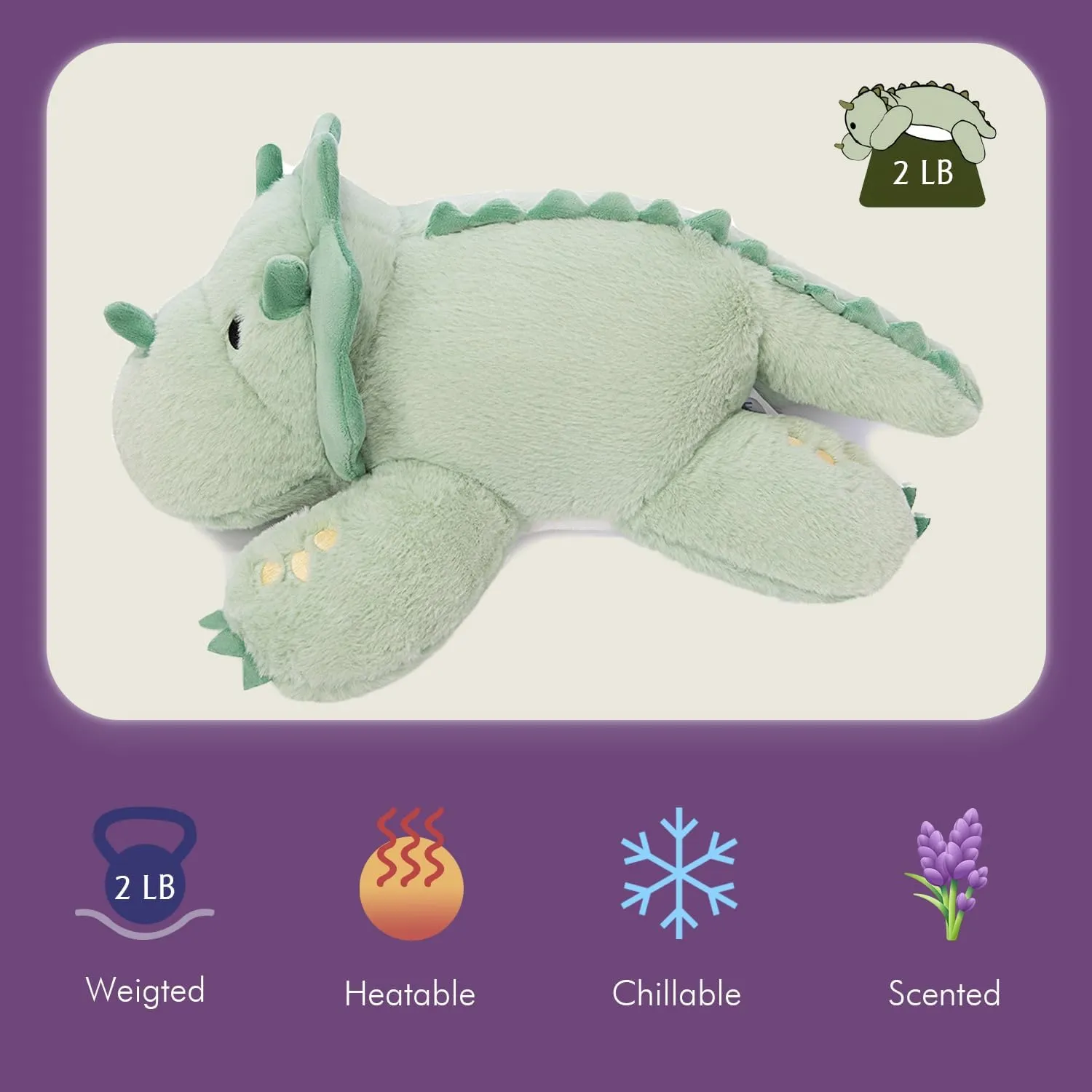 KOWSI® Microwavable & 2 LB Weighted Stuffed Triceratops Animals Plush - 16 Inch Heated Dinosaur Plushie for Warmth & Comfort - Light Green Dino Squished Pillow - Cute Soft Toy for Adults & Children