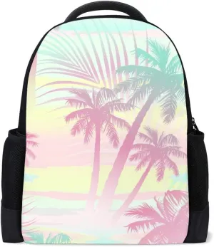 Kuizee Classic Backpack Schoolbag Adjustable Padded Shoulder Straps Daypack ﻿Pastel Watercolor Palm Trees Casual Bags Durable College Daily 16Inch