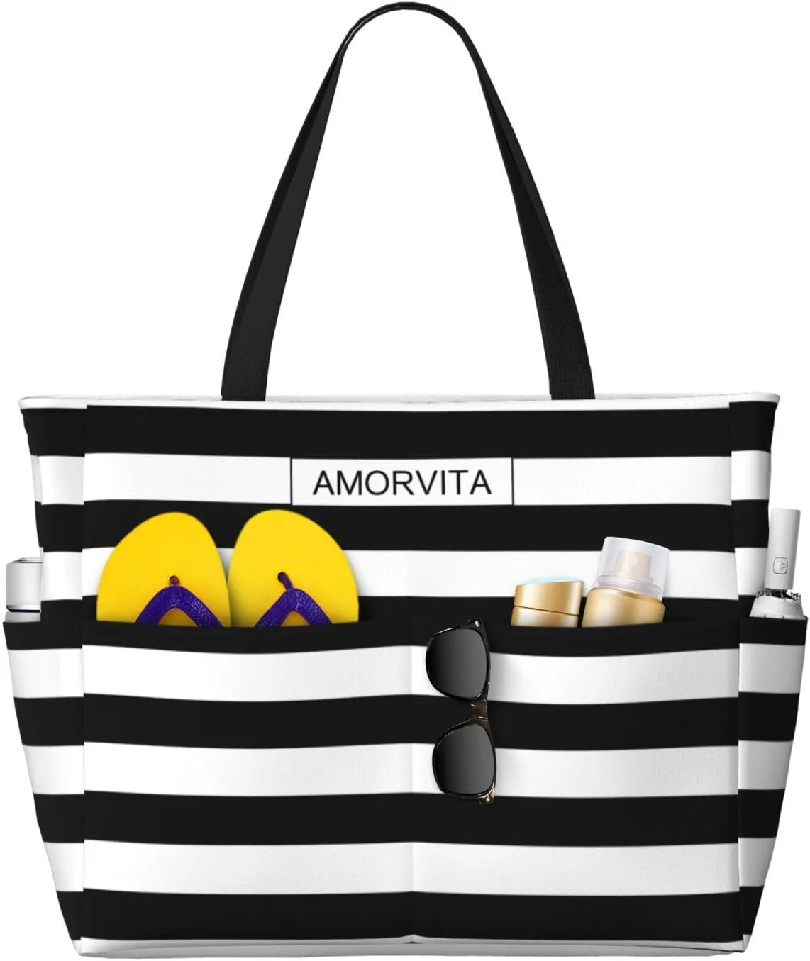 Large Beach Tote for Women - Waterproof Sandproof Pool Bag With Zipper Pockets, Strap, Multiple Compartments - Portable Lightweight Travel Gym Bag - Black White Stripe