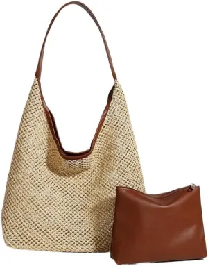 Large capacity Bag Vintage Straw Tote Bag Shoulder Large Bag Ladies Casual Summer Vacation Beach Bag Ladies shoulder Bag