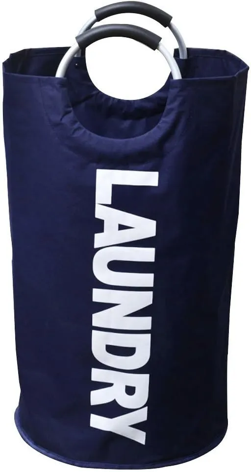 Large Laundry Basket with Alloy Handles for College, Collapsible Laundry Hamper, Foldable Clothes Bag, Folding Washing Bin (Dark Blue)