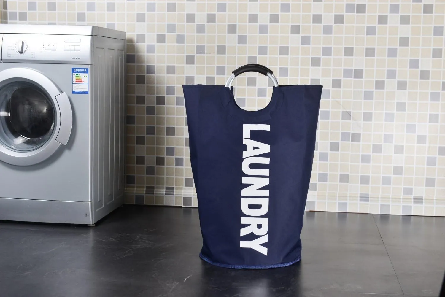 Large Laundry Basket with Alloy Handles for College, Collapsible Laundry Hamper, Foldable Clothes Bag, Folding Washing Bin (Dark Blue)