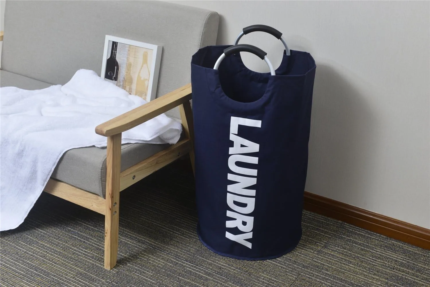 Large Laundry Basket with Alloy Handles for College, Collapsible Laundry Hamper, Foldable Clothes Bag, Folding Washing Bin (Dark Blue)