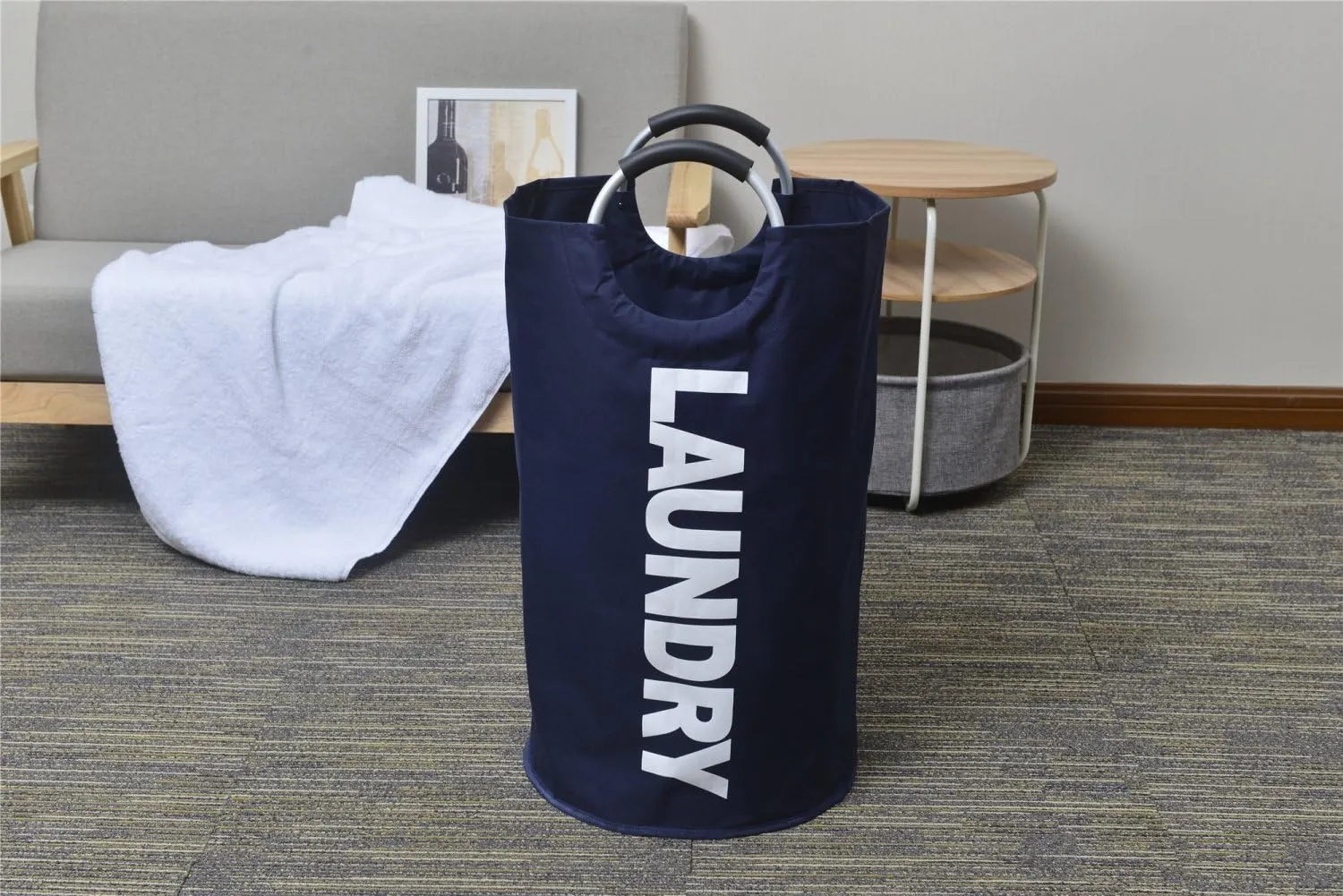 Large Laundry Basket with Alloy Handles for College, Collapsible Laundry Hamper, Foldable Clothes Bag, Folding Washing Bin (Dark Blue)