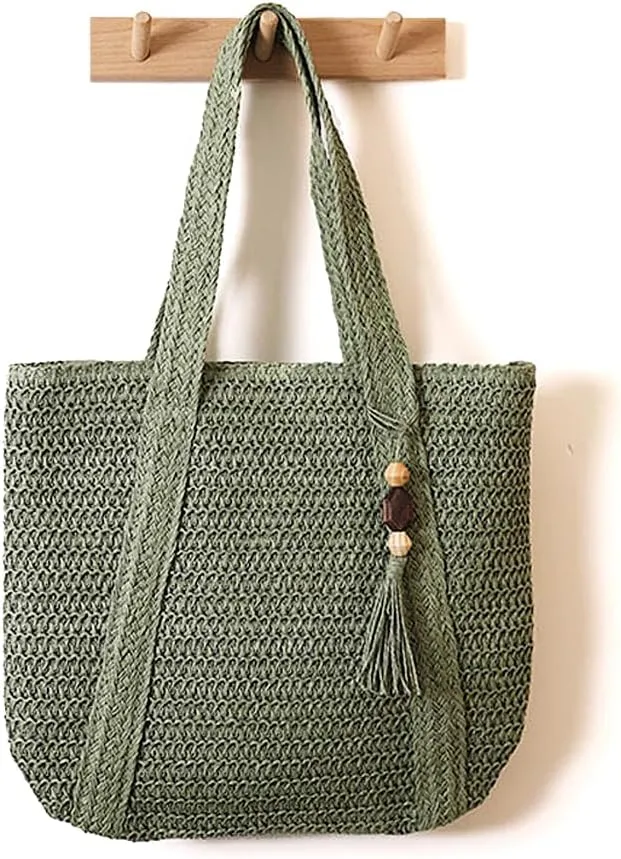 Large Straw Woven Bag for women, Straw Beach Tote Bag with Tassels, Boho Summer Shoulder Handbags for Vacation
