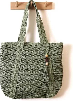 Large Straw Woven Bag for women, Straw Beach Tote Bag with Tassels, Boho Summer Shoulder Handbags for Vacation