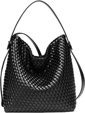 Large Woven Tote Bag Vegan Leather Shoulder Bag for Women Fashion Travel Shopper Bag Top Handle Handbag and Purse