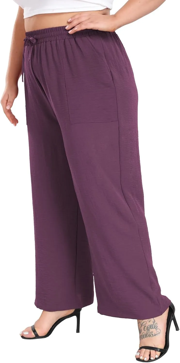 Lastshe Women's Plus Size Wide Leg Pants Summer Stretchy Drawstring Waist Comfortable Fit Casual Trousers Pants with Pockets