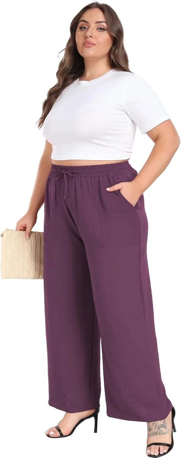 Lastshe Women's Plus Size Wide Leg Pants Summer Stretchy Drawstring Waist Comfortable Fit Casual Trousers Pants with Pockets