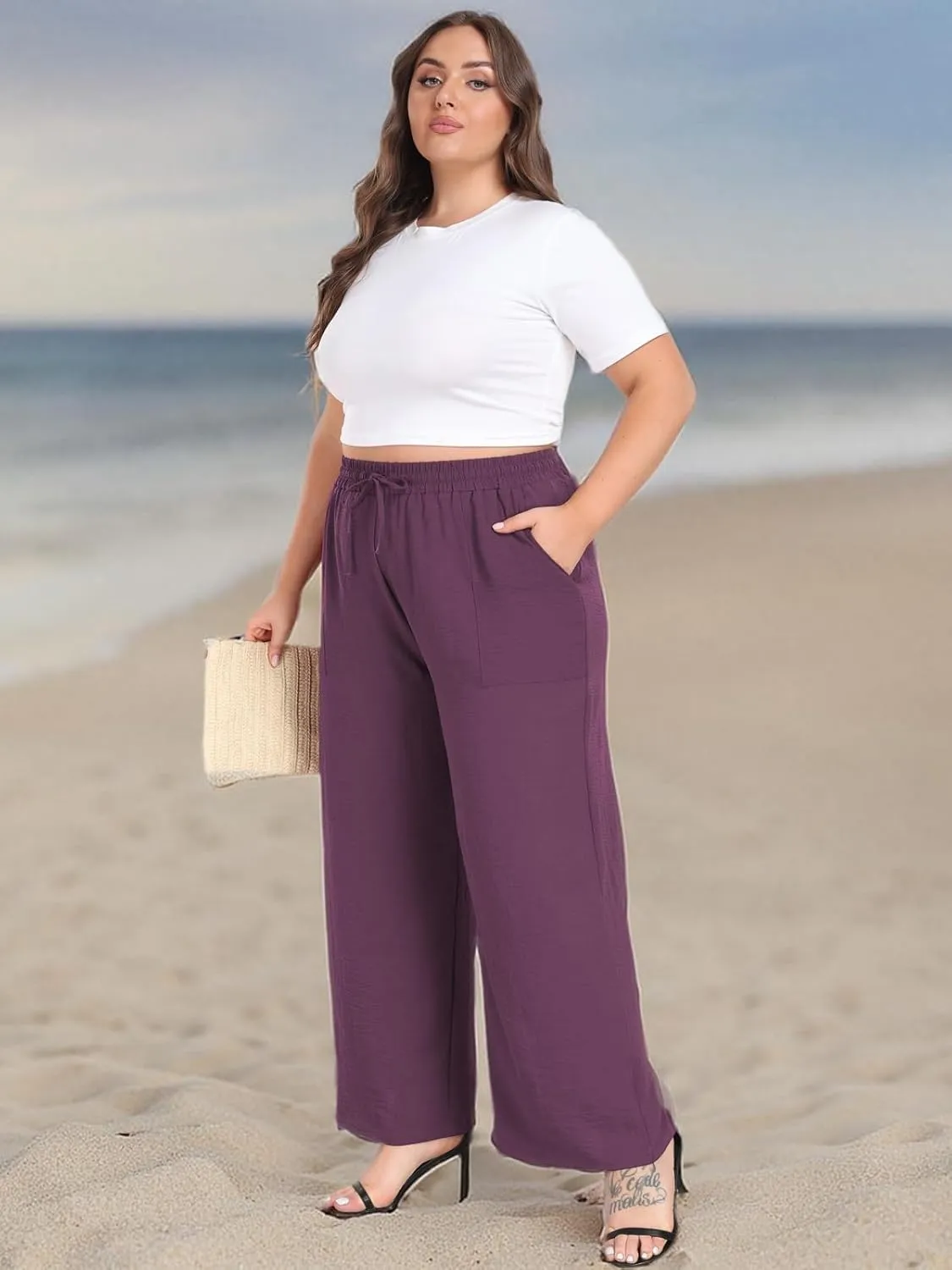 Lastshe Women's Plus Size Wide Leg Pants Summer Stretchy Drawstring Waist Comfortable Fit Casual Trousers Pants with Pockets