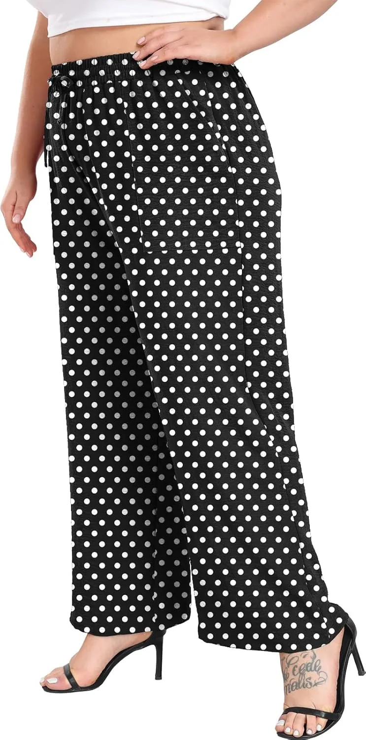 Lastshe Women's Plus Size Wide Leg Pants Summer Stretchy Drawstring Waist Comfortable Fit Casual Trousers Pants with Pockets