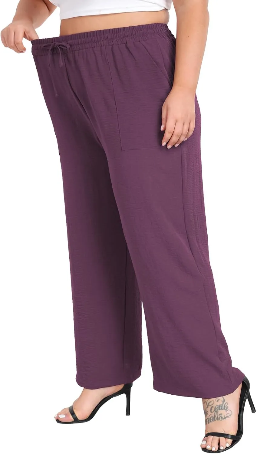 Lastshe Women's Plus Size Wide Leg Pants Summer Stretchy Drawstring Waist Comfortable Fit Casual Trousers Pants with Pockets