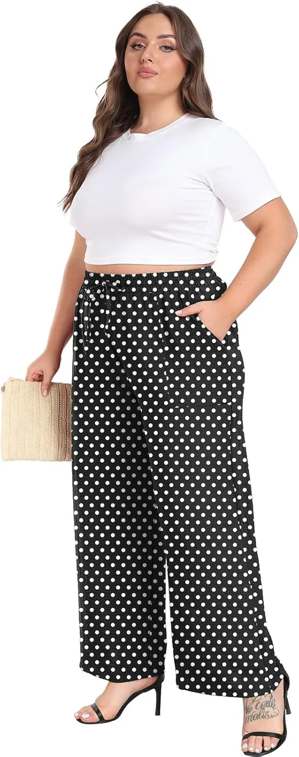 Lastshe Women's Plus Size Wide Leg Pants Summer Stretchy Drawstring Waist Comfortable Fit Casual Trousers Pants with Pockets