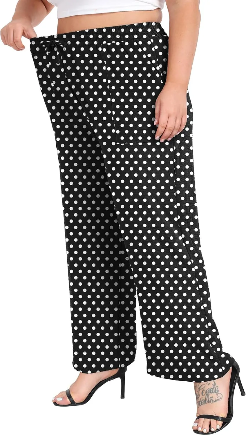 Lastshe Women's Plus Size Wide Leg Pants Summer Stretchy Drawstring Waist Comfortable Fit Casual Trousers Pants with Pockets