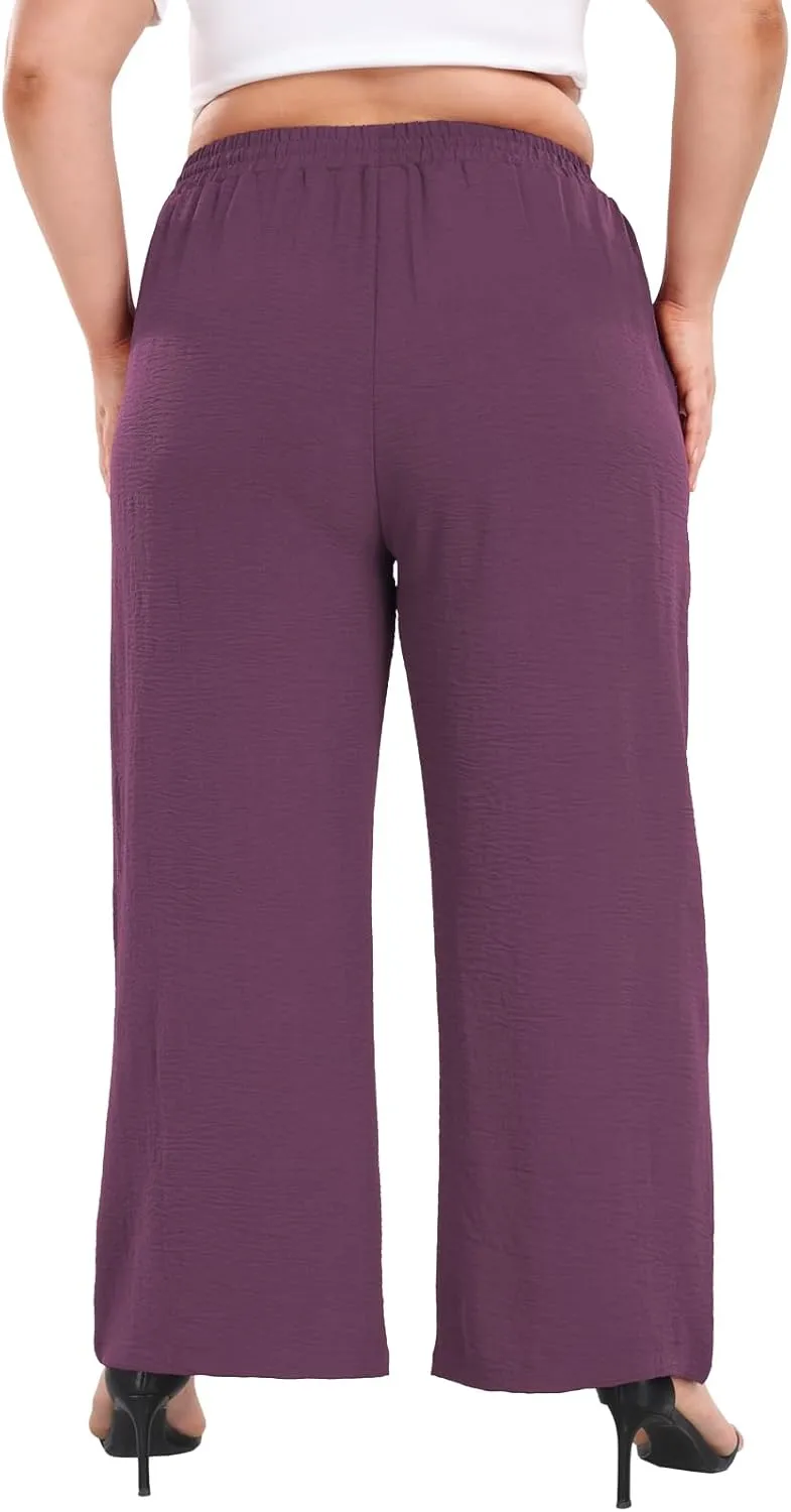 Lastshe Women's Plus Size Wide Leg Pants Summer Stretchy Drawstring Waist Comfortable Fit Casual Trousers Pants with Pockets