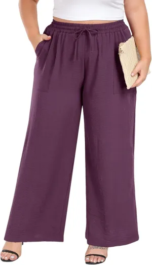 Lastshe Women's Plus Size Wide Leg Pants Summer Stretchy Drawstring Waist Comfortable Fit Casual Trousers Pants with Pockets