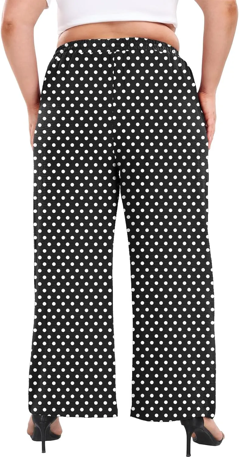 Lastshe Women's Plus Size Wide Leg Pants Summer Stretchy Drawstring Waist Comfortable Fit Casual Trousers Pants with Pockets