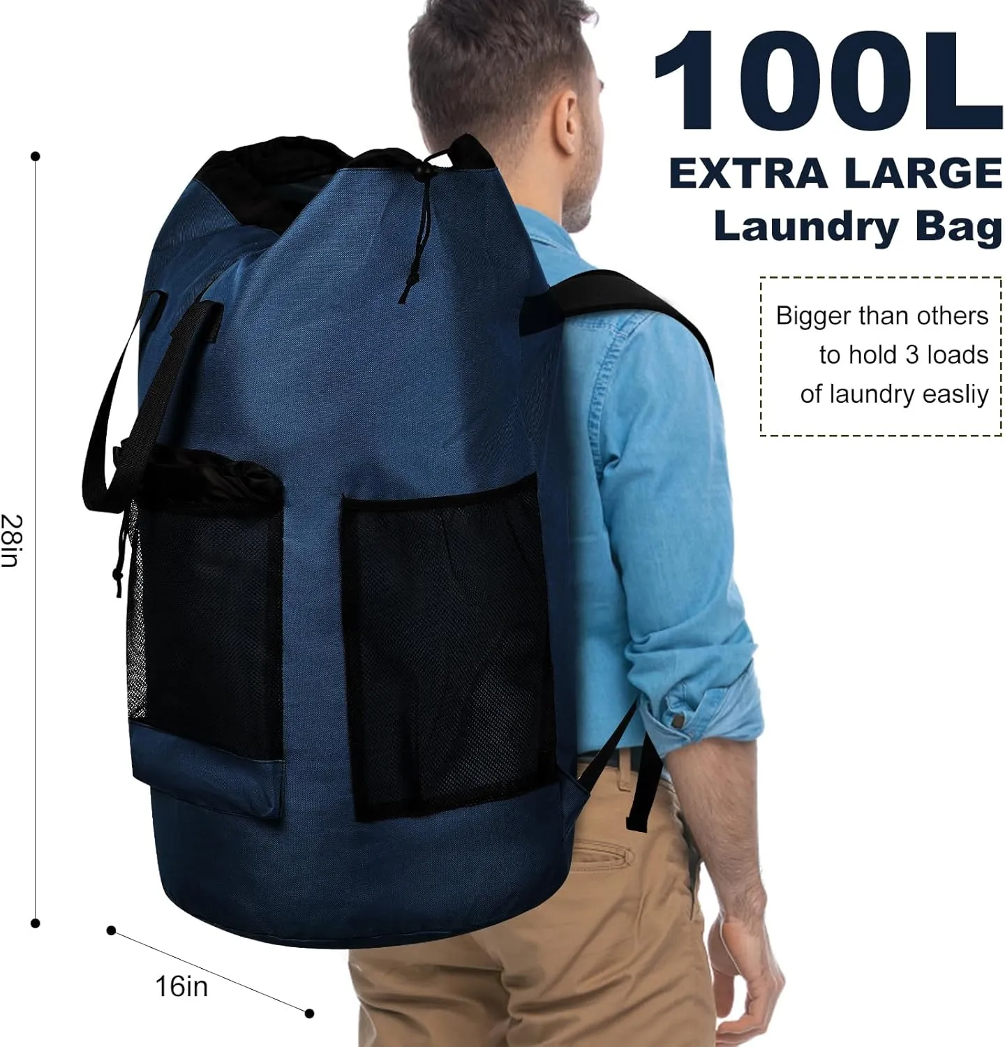 Laundry Backpack Bag,with 3 Pockets,for Dorm, Apartment and Laundromat, Laundry Duffle Bag for Travel,Beach,Camping