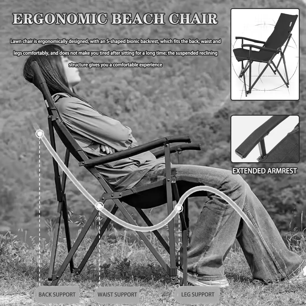 Lawn Chair Folding Outdoor Relaxation Camping Chair, Ergonomic Suspension Reclining Beach Chair with Storage Bag, Load-Bearing 150kg/330.7lbs(Grey)