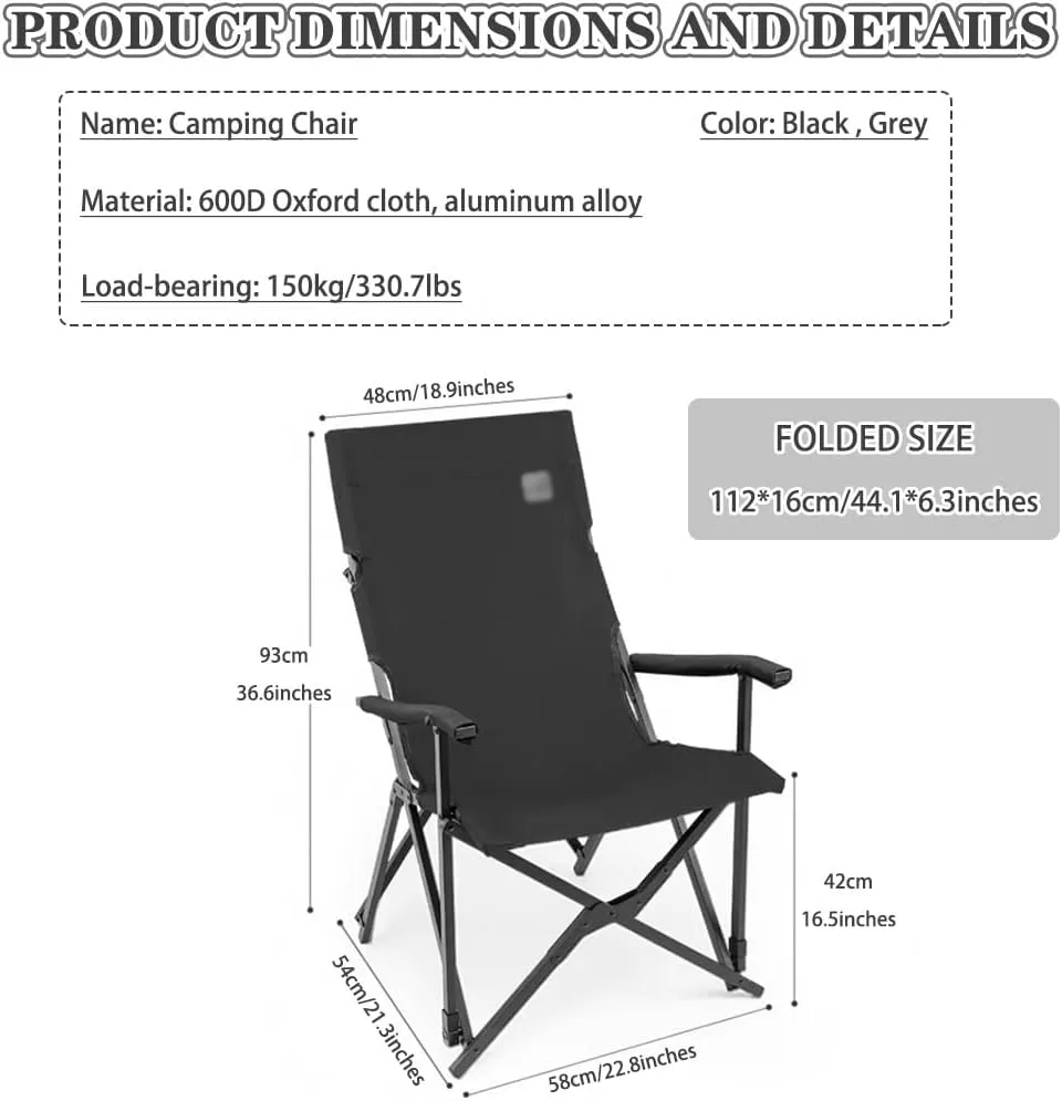 Lawn Chair Folding Outdoor Relaxation Camping Chair, Ergonomic Suspension Reclining Beach Chair with Storage Bag, Load-Bearing 150kg/330.7lbs(Grey)