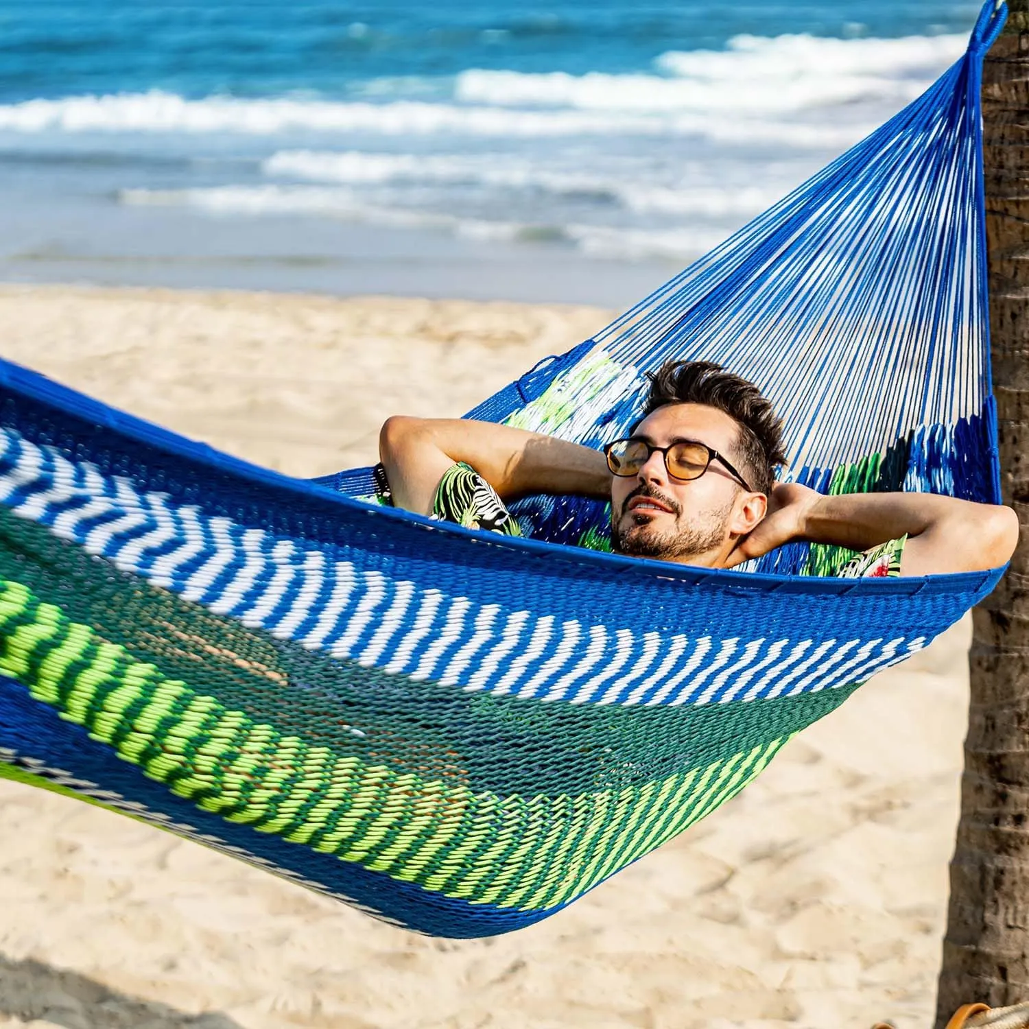 Lazy Daze Hammocks10.5 FT Handwoven Mayan Family Hammock with Portabl Carry Bag and for Outside Outdoor Patio Backyard Poolside, 550 LBS Weight Capacity,Blue/Green