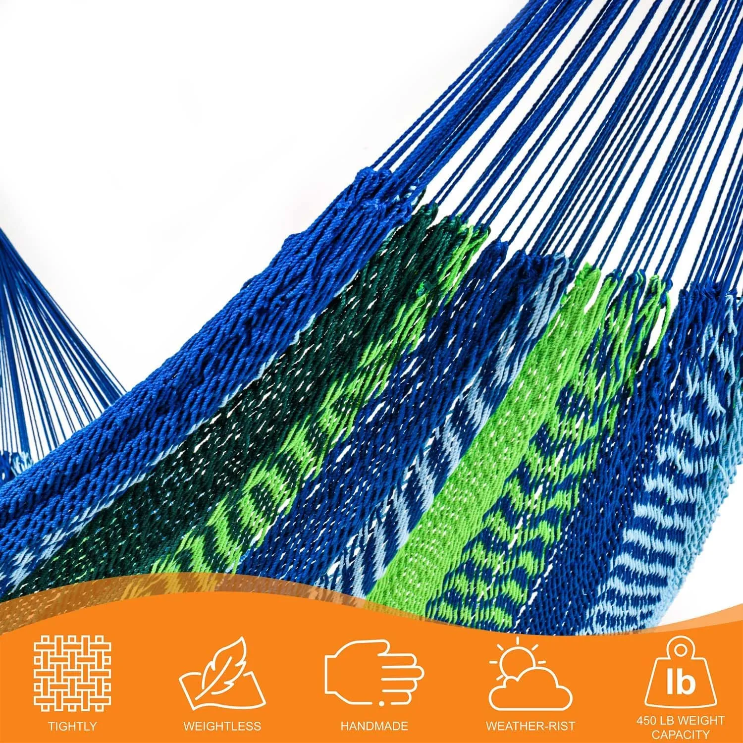 Lazy Daze Hammocks10.5 FT Handwoven Mayan Family Hammock with Portabl Carry Bag and for Outside Outdoor Patio Backyard Poolside, 550 LBS Weight Capacity,Blue/Green