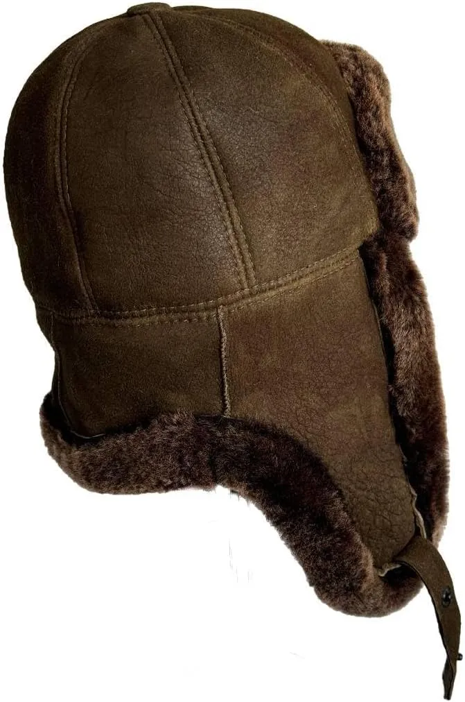 Leather Aviator Russian Ushanka Trapper Shearling Sheepskin Fur Ear Flap Waterproof Winter Hat
