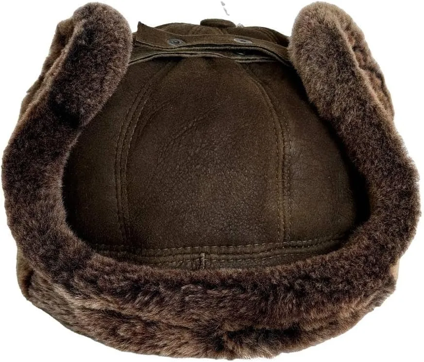 Leather Aviator Russian Ushanka Trapper Shearling Sheepskin Fur Ear Flap Waterproof Winter Hat