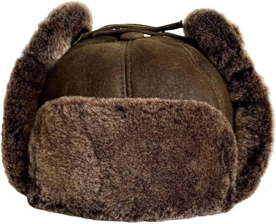 Leather Aviator Russian Ushanka Trapper Shearling Sheepskin Fur Ear Flap Waterproof Winter Hat