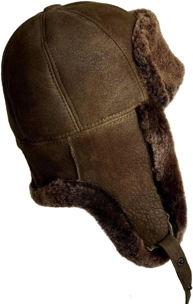 Leather Aviator Russian Ushanka Trapper Shearling Sheepskin Fur Ear Flap Waterproof Winter Hat