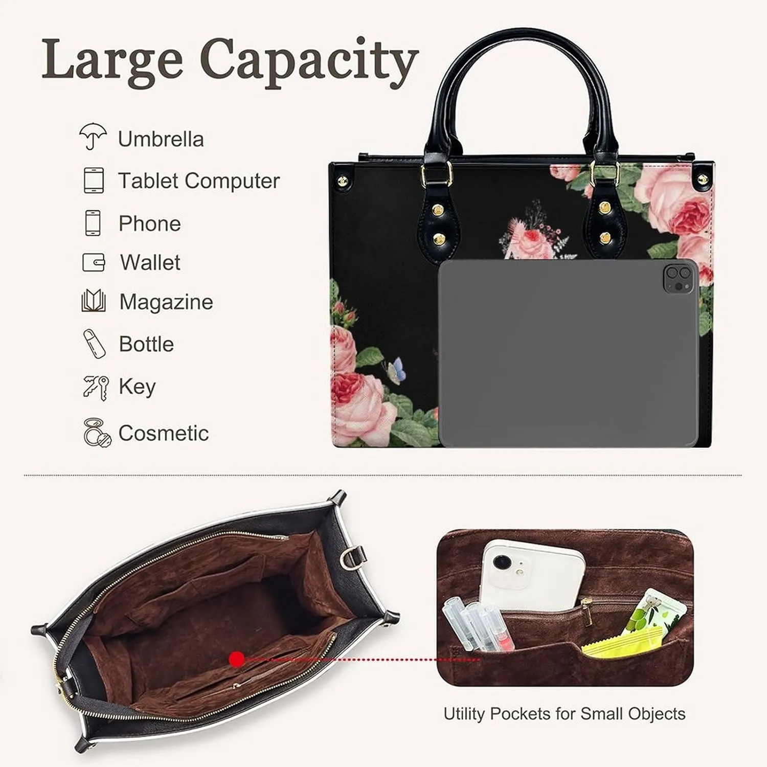 Leather Initial Handbags for Women Ladies Monogram Tote Bag Satchel Top Handle Shoulder Crossbody Bags for Work Outdoor