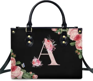 Leather Initial Handbags for Women Ladies Monogram Tote Bag Satchel Top Handle Shoulder Crossbody Bags for Work Outdoor