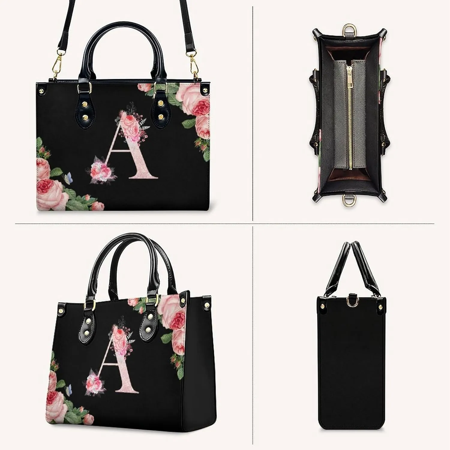 Leather Initial Handbags for Women Ladies Monogram Tote Bag Satchel Top Handle Shoulder Crossbody Bags for Work Outdoor