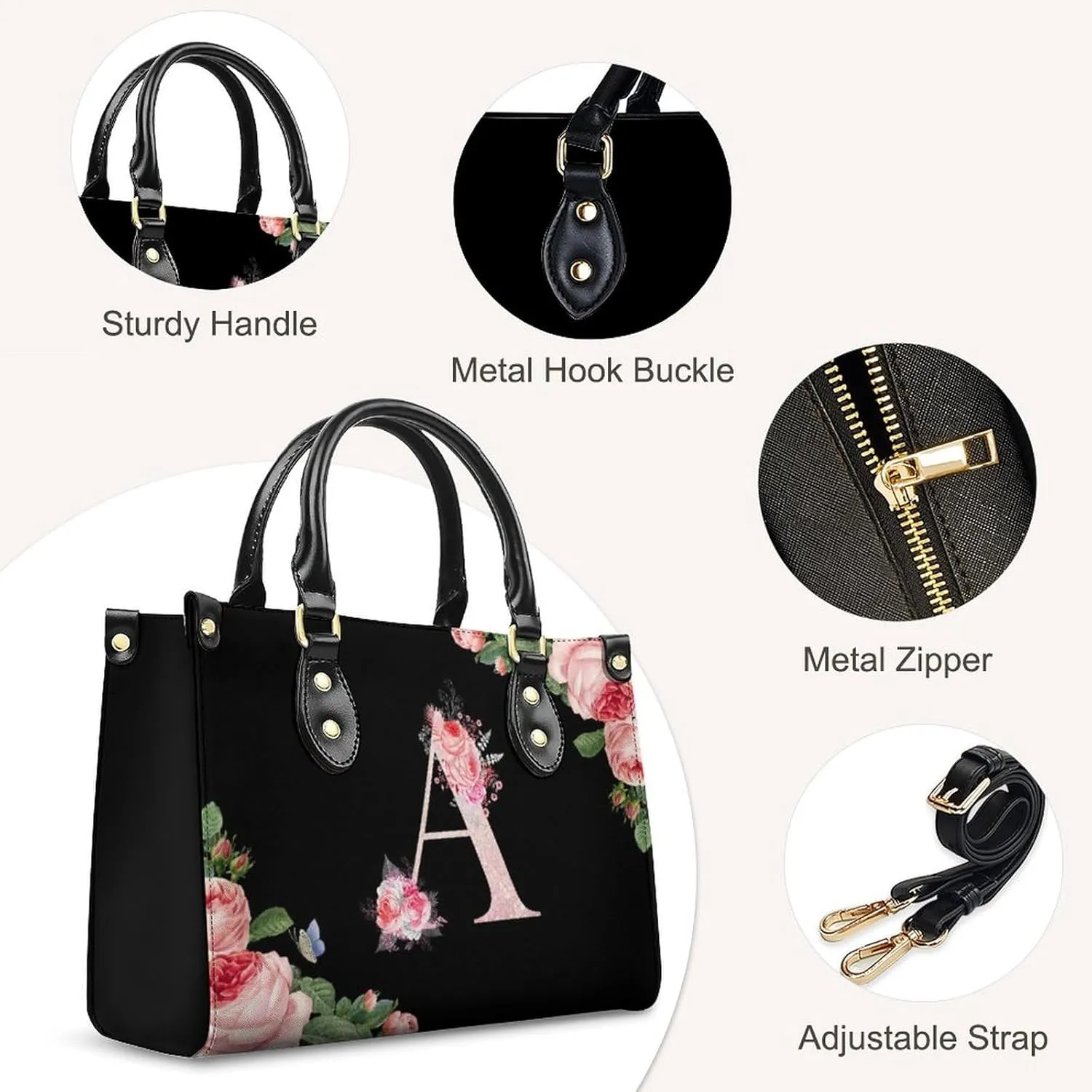 Leather Initial Handbags for Women Ladies Monogram Tote Bag Satchel Top Handle Shoulder Crossbody Bags for Work Outdoor