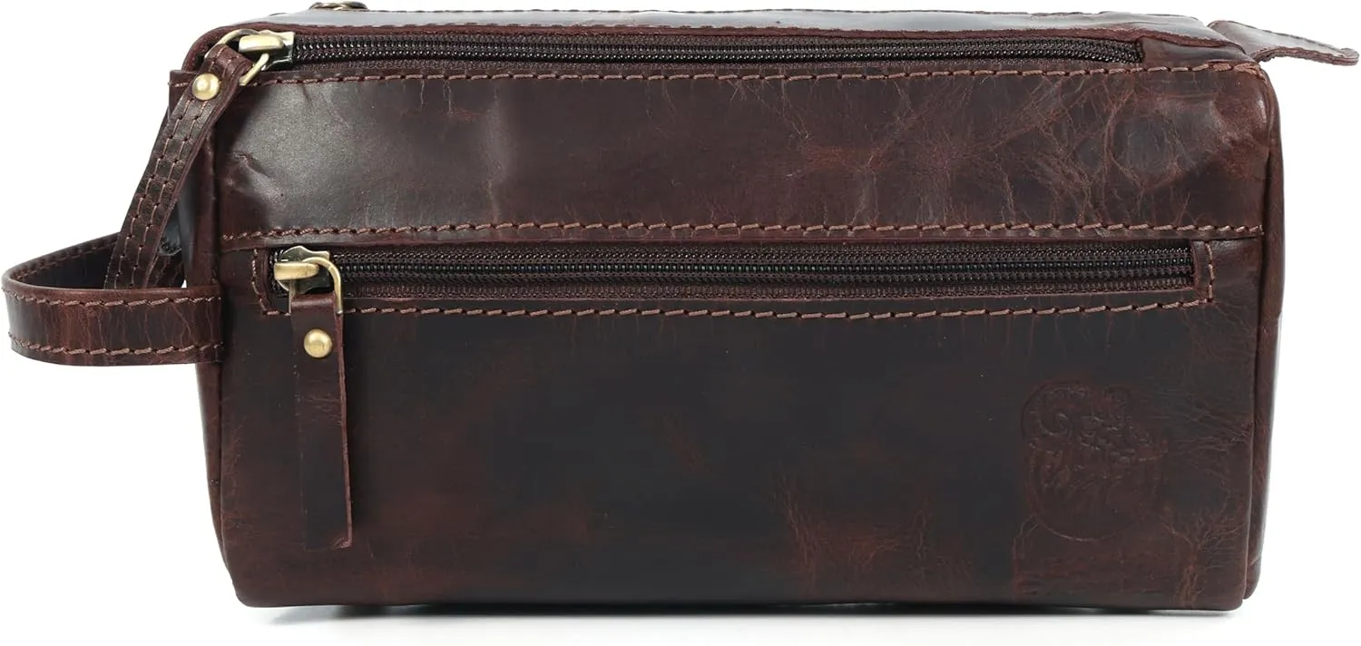 Leather Toiletry Bag for Men and Women - Stylish unisex design with waterproof interior, durable handle, and organized compartments for travel convenience.