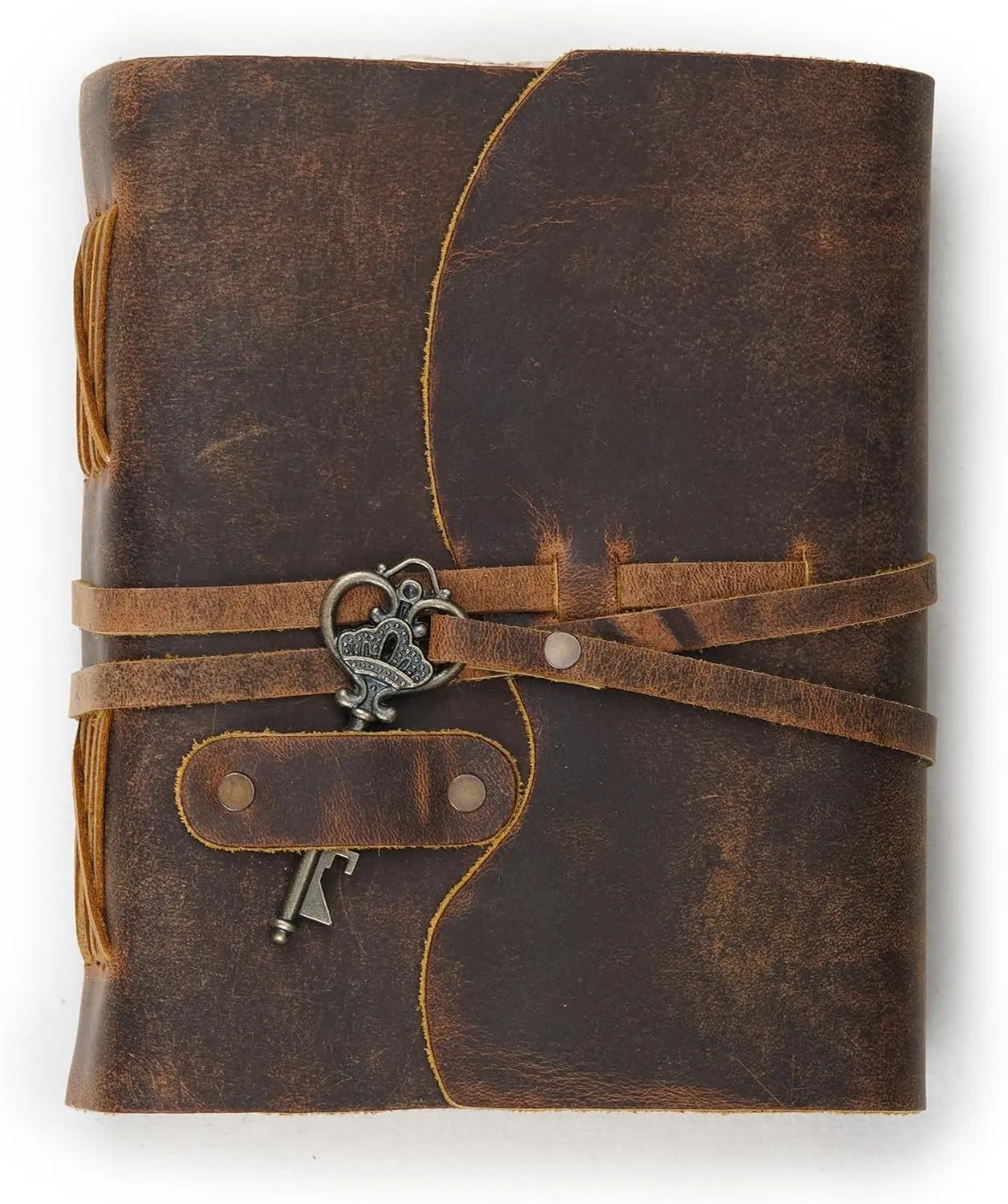 LEATHER VILLAGE Vintage Leather Journal – 200 Handmade Vintage Deckle Edge Paper – Leather bound Journal For Women Men – Vintage Key Closure - Book of Shadows - Cappuccuno Brown - 6X4 inches (A6)