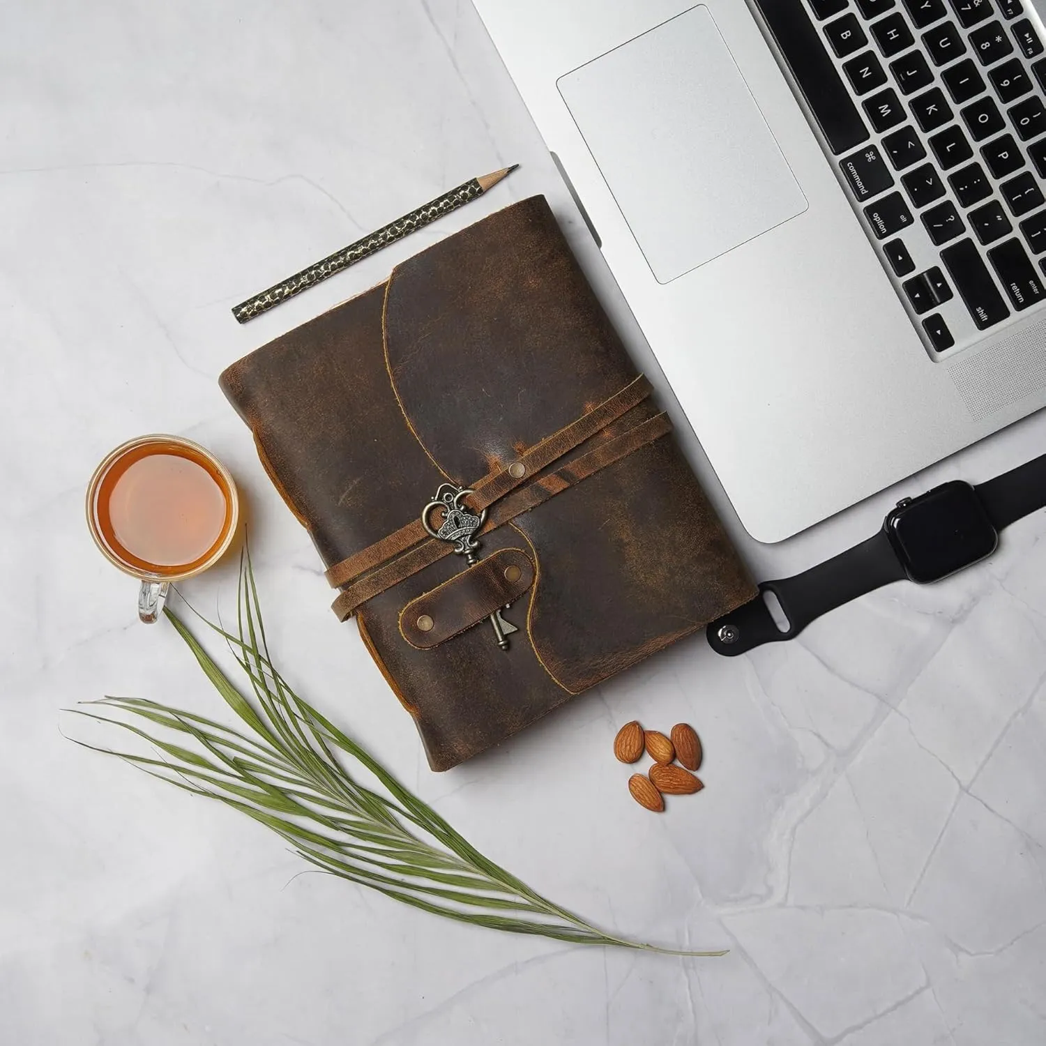 LEATHER VILLAGE Vintage Leather Journal – 200 Handmade Vintage Deckle Edge Paper – Leather bound Journal For Women Men – Vintage Key Closure - Book of Shadows - Cappuccuno Brown - 6X4 inches (A6)