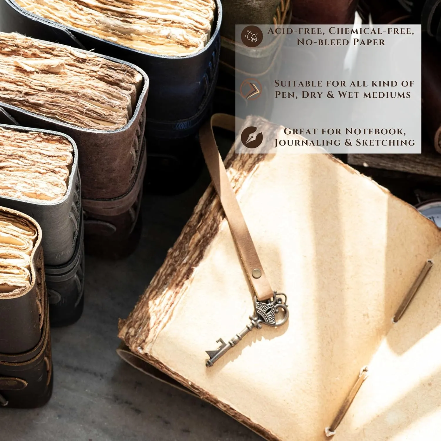 LEATHER VILLAGE Vintage Leather Journal – 200 Handmade Vintage Deckle Edge Paper – Leather bound Journal For Women Men – Vintage Key Closure - Book of Shadows - Cappuccuno Brown - 6X4 inches (A6)