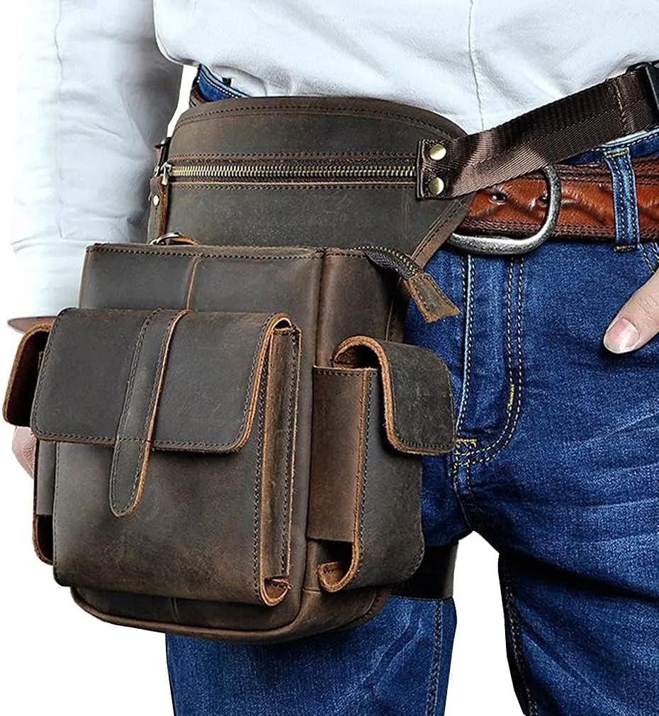 Leather Waist Pack Drop Leg Bag for Men Women Belt Bumbag Multi-Purpose Motorcycle Bike Outdoor Sports Tactical Cycling Riding Hiking Camping Pouch